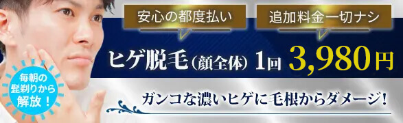 ヒゲ脱毛（顔全体）1回3,980円　安心の都度払い　追加料金一切ナシ！ガンコな濃い髭に毛根からダメージ！毎朝の髭剃りから解放！