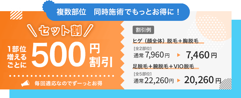 複数部位　同時施術でもっとお得に！[セット割]1部位増えるごとに00円割引。毎回適応なのでずーっとお得！